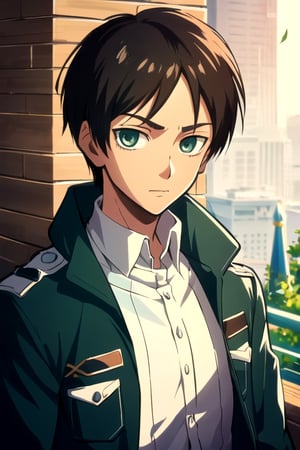 masterpiece, best quality, high quality, 1boy, solo, male focus, looking at viewer, eren_yeager, brown hair, green eyes, paradis military uniform
