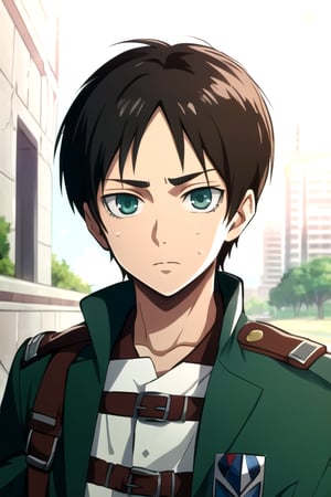 masterpiece, best quality, high quality, 1boy, solo, male focus, looking at viewer, eren_yeager, brown hair, green eyes, paradis military uniform, three-dimensional maneuver gear