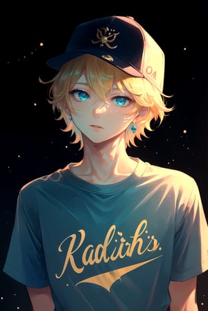 masterpiece, best quality, 1boy, male focus, aqua eyes, baseball cap, blonde hair, closed mouth, hat, jewelry, looking at viewer, shirt, short hair, solo, upper body , A magical kingdom where everything is perfect and everyone is happy
