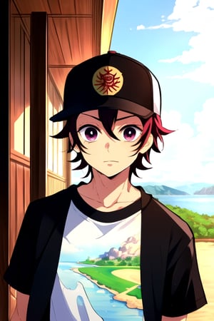 masterpiece, best quality, 1boy, male focus, baseball cap, closed mouth, hat, looking at viewer, shirt, short hair, solo, upper body ,The Isle of the Dragon,mika pikazo, kamado_tanjirou