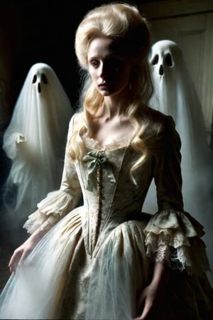 ((visible entities))The lady is haunted, behind her. Ghosts. Apparition. Spirit. Poltergiest. Paranormal. Seance.

,Extremely Realistic ghost,,natalee,Beautiful blonde female,tutelage,victorian dress,18thcentury,ghost person