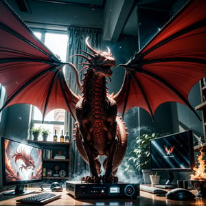Please generate an image where a majestic red dragon is positioned behind an Nvidia RTX 3080 graphics card, which should be in the foreground, prominently displayed. In the background, there should be towering volcanic mountains, creating a dramatic setting. The lighting should be warm and soft, with golden tones mixed with red, evoking a sense of protection and fury. Ensure that the image conveys both the power of the dragon and the technological prowess of the graphics card.
1 MSI Graphic Card, internal graphic card, (MSI), (GeForce RTX 3080), ((rectangular graphic card, (three fans))), Red Dragon from MSI, MSI Graphic Card details, 1 Red dragon holds the video card, ((Dragon fury backgrond, desktop computer background)),
(graphic car focus, full graphics card, realistic lighting), ray tracing, Super realistic photographic cinematic image 8K ULTRA HD HDR, magical photography, super detailed, (ultra detailed), (best quality, super high quality image, masterpiece), dramatic lighting, 8k, UHD, intricate detail, (gradients), comprehensive cinematic, colorful, visual key, highly detailed, hyper-realistic, style,echmrdrgn,Dragon,Add more detail,1 girl,dragon, ,gameroomconcept