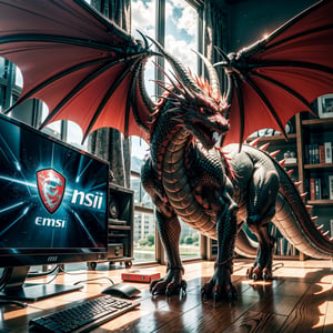 Please generate an image where a majestic red dragon is positioned behind an MSI Nvidia RTX 3080 graphics card, which should be in the foreground, prominently displayed. In the background, there should be towering volcanic mountains, creating a dramatic setting. The lighting should be warm and soft, with golden tones mixed with red, evoking a sense of protection and fury. Ensure that the image conveys both the power of the dragon and the technological prowess of the graphics card.
((1 MSI Graphic Card, internal graphic card)), (MSI), (GeForce RTX 3080), ((rectangular graphic card, (three fans))), Red Dragon from MSI, MSI Graphic Card details, 1 Red dragon holds the video card, ((Dragon fury backgrond, desktop computer background)),
(((graphic car focus, full graphics card, realistic lighting))), ray tracing, Super realistic photographic cinematic image 8K ULTRA HD HDR, magical photography, super detailed, (ultra detailed), (best quality, super high quality image, masterpiece), dramatic lighting, 8k, UHD, intricate detail, (gradients), comprehensive cinematic, colorful, visual key, highly detailed, hyper-realistic, style,echmrdrgn,Dragon,Add more detail,1 girl,dragon, ,gameroomconcept