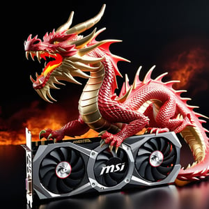 Please generate an image where a majestic red dragon is positioned behind an Nvidia RTX 3080 graphics card, which should be in the foreground, prominently displayed. In the background, there should be towering volcanic mountains, creating a dramatic setting. The lighting should be warm and soft, with golden tones mixed with red, evoking a sense of protection and fury. Ensure that the image conveys both the power of the dragon and the technological prowess of the graphics card.
1 MSI Graphic Card, internal graphic card, (MSI), (GeForce RTX 3080), ((rectangular graphic card, (three fans))), Red Dragon from MSI, MSI Graphic Card details, 1 Red dragon holds the video card, ((Dragon fury backgrond, desktop computer background)),
(graphic car focus, full graphics card, realistic lighting), ray tracing, Super realistic photographic cinematic image 8K ULTRA HD HDR, magical photography, super detailed, (ultra detailed), (best quality, super high quality image, masterpiece), dramatic lighting, 8k, UHD, intricate detail, (gradients), comprehensive cinematic, colorful, visual key, highly detailed, hyper-realistic, style,echmrdrgn,Dragon