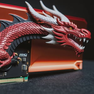 Please generate an image where a majestic red dragon is positioned behind an Nvidia RTX 3080 graphics card, which should be in the foreground, prominently displayed. In the background, there should be towering volcanic mountains, creating a dramatic setting. The lighting should be warm and soft, with golden tones mixed with red, evoking a sense of protection and fury. Ensure that the image conveys both the power of the dragon and the technological prowess of the graphics card.
1 MSI Graphic Card, internal graphic card, (MSI), (GeForce RTX 3080), ((rectangular graphic card, (three fans))), Red Dragon from MSI, MSI Graphic Card details, 1 Red dragon holds the video card, ((Dragon fury backgrond, desktop computer background)),
(graphic car focus, full graphics card, realistic lighting), ray tracing, Super realistic photographic cinematic image 8K ULTRA HD HDR, magical photography, super detailed, (ultra detailed), (best quality, super high quality image, masterpiece), dramatic lighting, 8k, UHD, intricate detail, (gradients), comprehensive cinematic, colorful, visual key, highly detailed, hyper-realistic, style,echmrdrgn,Dragon