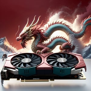 Generate an image in which a majestic red dragon is holding the card and placed behind an Nvidia RTX 3080 graphics card, which should be in the foreground and highlighted. Imposing spectacular random scenery should appear in the background. The lighting should be warm and detailed, with golden tones mixed with reds, invoking the feeling of protection and fury. Make sure the image conveys both the power of the dragon and the modern technology of the graphics card.
1 MSI internal graphics card, ("MSI"), (GeForce RTX 3080), ((rectangular graphics card, (three fans))), MSI Red Dragon, detailed dragon, detailed MSI graphics card, 1 Red Dragon holds the card detailed video, ((Dragon Fury background, desktop background)),
(graphics focus, full graphics card, realistic lighting), ray tracing, 8K ULTRA HD HDR super realistic photographic cinematic image, magical photography, super detailed, (ultra detailed), (best quality, super high quality image, masterpiece) , dramatic lighting, 8k, UHD, intricate details, (gradients), integral cinematics, colorful, key visual, highly detailed, hyper-realistic, style,