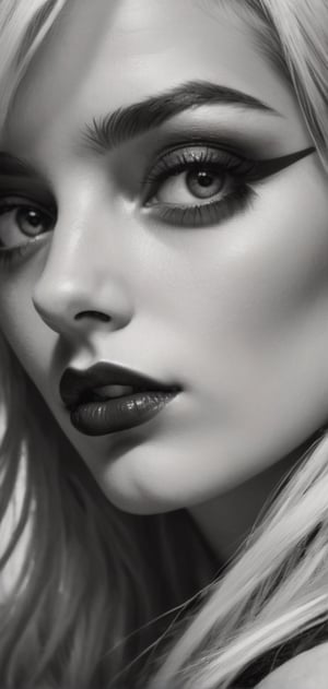 Create a monochrome portrait of beautiful blonde girl .close up hair covering eye, dark make up, nostalgic picture,Realism,pinhole photography,DonM4lbum1n,
