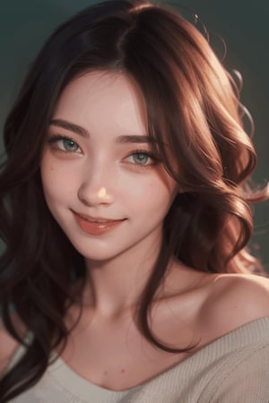 create a photo realistic women sincerely smile at viewer. Long blodne hair on one shoulder, wavy hair, light grey eyes, light pink lips , georgeous, angel, wearing summer dark green blouse, upper body photo ...,photo of perfecteyes eyes
