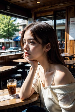 lifelike rendering, immersive atmosphere, impeccably detailed, visually stunning, transfixing looks, emotive depth, artistic emotionality, compelling glances, shoulder, cafe, outdoor, natural lighting, Intense Shadow,