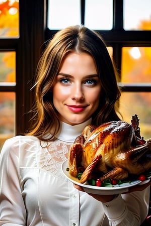 Medium shot, a gorgeous girl, medium hair, white skin, (detailed blue eyes:0.9), interior, autumn, window, (detailed face:1.4), (age 28:1.5), smiling ,Thanksgiving turkey, A turkey on the table