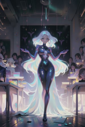 Life-size holographic projection of a teacher against a classroom. He should stand in a confident posture, with one hand on his hip.
His appearance is futuristic and cyberpunk inspired. He has chin-length turquoise hair with an asymmetrical cut. His eyes are pierced and lined with striking makeup in shades of electric blue and purple. The edges of it fade into pixels and become static. She creates illumination, allowing brightly colored light rays to travel through the body of the hologram. The overall atmosphere should be one of striking beauty intertwined with advanced technology. she has a futuristic long dress,km1,Classroom