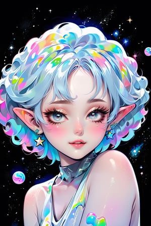 Beautiful kawaii naughty girl in space, hyper-detailed, with blue cotton candy curly hair, candy freckles, bright makeup, and a holographic transparent space suit. The full-body portrait is a highly detailed illustration of a space explorer, surrounded by swirls of stars and galaxies. The pale pastel colors of the portrait are reminiscent of the cosmos, with bubblegum bubbles floating around the character,Mar1lyn_pos3