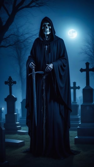 Haunted grim reaper with graveyard,highlt detailed, cinematic light,wide angle camera, night time glowing foggy , graveyard
