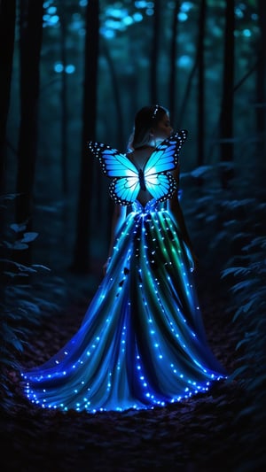 GLOWING BUTTERFLY FOREST NIGHT TIME, girl alone walking in forest glowing dress,
