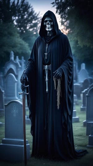 Haunted grim reaper with graveyard,highlt detailed, cinematic light,wide angle camera,

