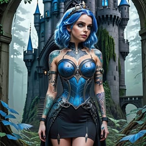 A sexy Disney princees, realastic tattoo all body, blue hair, cyberpunk. Highly detail eyes, black dress, standing in forest castle, 8k
