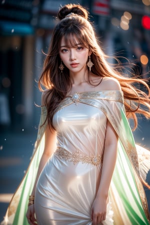 The background,big blue moon,dark night,snow  1 girl,,(white, transparent),cape, cloth blowing in wind, solo, {beautiful and detailed eyes}, calm expression, natural and soft light, delicate facial features, cute japanese idol, very small earrings, ((model pose)), Glamor body type, (dark hair:1.2),  beehive,big bun,very_long_hair, hair past hip, curly hair, flim grain, realhands, masterpiece, Best Quality, photorealistic, ultra-detailed, finely detailed, high resolution, perfect dynamic composition, beautiful detailed eyes, eye smile, ((nervous and embarrassed)), sharp-focus, full_body, sexy pose,cowboy_shot,ruanyi0060