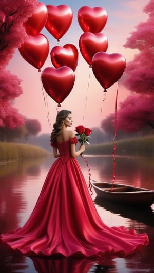 fantacy,a alone GIRL  red  ROSE DRESS house , pink river ,ballon,  Red Rose with Foil Balloon (Happy Valentine's Day) in Box - realastic detailed 8khd