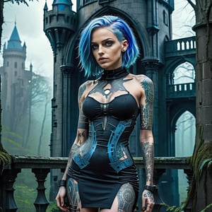 A sexy girl, tattoo all body, blue hair, cyberpunk. Highly detail eyes, black dress, standing in forest castle