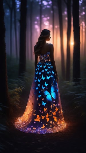 GLOWING BUTTERFLY FOREST NIGHT TIME, girl alone walking in forest glowing dress,
