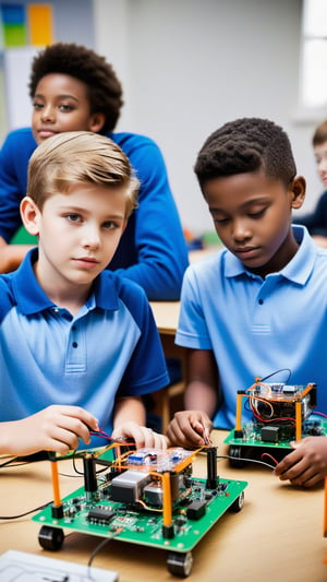 Portrait of two boys building robots and experimenting with electric circuits in engineering class at school