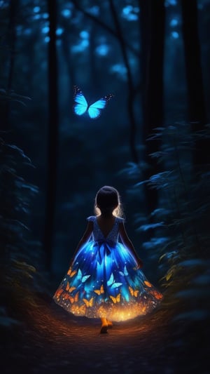 GLOWING BUTTERFLY FOREST NIGHT TIME, little anjel alone walking in forest glowing dress,

