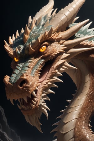 Soft natural lighting casts a warm glow on the majestic dragon's head, illuminated from above. The camera zooms in on the rugged features, showcasing remarkable realism in this stunning close-up. Intricate scales glisten with texture, whisker-like protrusions and skin details perfectly rendered. Eyes seem to pulse with fierce inner light, sensing the air. Nostrils flare slightly, as if ready to inhale. Breathtakingly lifelike, this magnificent creature appears ready to awaken at any moment.