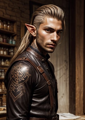 (half body portrait of An elf man:1.2), elven features, ((facial stubble)), rugged, (sides of head shaved), toned, sunkissed skin, brown and blonde hair tied back with shaved sides, dynamic, wearing brown leather outfit, background of a tavern, highly detailed, digital painting, concept art, smooth, sharp focus, illustration, Fantasy, a black crecent moon tattoo on his neck