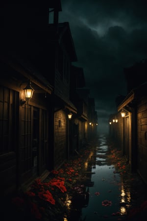 A shot from a narrow alleyway of a large medieval undead style city, Underworld Concept Art, dark style, night sky, starry night, high detail, bokeh, mysterious scene, dark, fantasy art, horror, sleepy hollow style, grimdark style, Movie Still, moody colours, Landskaper, better photography, (masterpiece, best quality, very aesthetic, ultra detailed), intricate details, (no human. flower at Forest. Abandoned cabin), (rainy day. Rain. Cloudy. Wet ground. Water reflection. Gloomy. Ambient. Horror. Creepy.), aesthetic