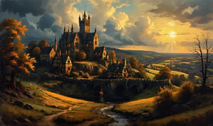 A tudor style village on the cliff edge, surrounded by Golden trees, overlooking woodland and crop fields, moody clouds to the left, golden hour sun light to the right, mysterious scene, dark, fantasy art, horror, sleepy hollow style, fantasy art, DND, RPG, grimdark style, Movie Still, moody colours, darkart, realism, middle earth,extrusionbuilding,LW,greg rutkowski