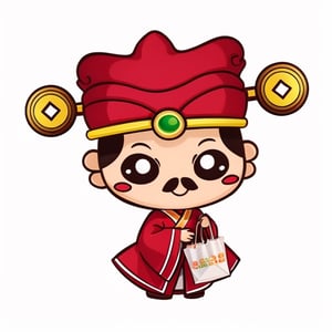 (1st boy),boy,red hat,hanfu,(White background), (SUPER CHIBI), chibi, full_body, Standing posture,chibi,（Carry a shopping bag）,smile, Standing posture