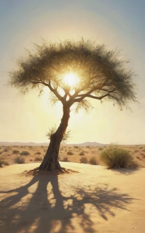 Umbrella thorn acacia tree with sparse vegetation, in the middle of desert.
Sun over the tree behind it.
Nature,Nature,leonardo,oil painting,renaissance,realistic,logo,real_booster,impressionist painting,Roman,painted world,digital artwork by Beksinski