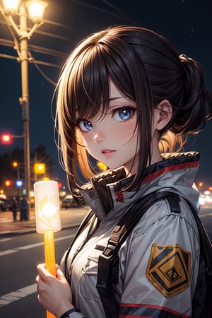 (best quality:1.2), (ultra-detailed:1.2), (official art:1.2), (illustration:1.2), (super detailed skin:1.2), (beautiful detailed deep eyes:1.2), (shiny hair:1.2),1girl, delicate light,perfect light, cinematic lighting,depth of field,delicate background,
BREAK
1girl shaking glowstick, traffic control outfit, at winter dark midnight construction site, on roadside