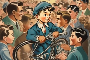 doodler, young boy, in the 40s , holding a bike, many people around, boy on the center, in auction