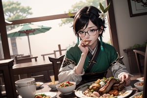 chinese girl, good looking with glasses, chinese outfit, side angle camera , zoom fo face, sloppy eat pork chop, background chinese market, splashing plate of chinese food,venti (genshin impact)