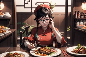 chinese girl, good looking with glasses, chinese outfit, red color outfit , camera zoom face, sloppy eat pork chop, background chinese market, splashing plate of chinese food,venti (genshin impact)