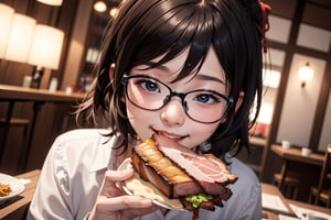 one chinese girl with eyeglasses, eating crispy pork belly , face look happy with eyes shut, camera_view only on face
