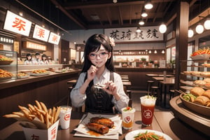 Prompt: i wan to make illustration for chinese fast food, the story start in one fast food store, one chinese girl with eyeglasses, eating hot crispy pork with chopstick, face look happy with eyes shut. meanwile in the table is full of other chinese food with  glass of tea
