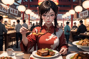 Prompt: chinese girl, good looking with glasses, chinese outfit, holding a plate of crispy pork belly, sloppy eat pork chop, background chinese market, splashing plate of chinese food
