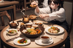chinese food in the table, seperate plate, rounded table, food smoke, soy sauce on left side, chop stick on right side, vegetable dan bock choi on background, chinese tea with cup and teapot