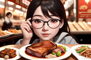 Prompt: chinese girl, good looking with glasses, eyeglasses, sloppy eat pork chop, background chinese market, splashing plate of chinese food,
eyeglasses, crispy pork belly in front
