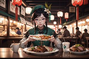 chinese girl, good looking with glasses, chinese outfit, sloppy eat pork chop, background chinese market, splashing plate of chinese food,venti (genshin impact)