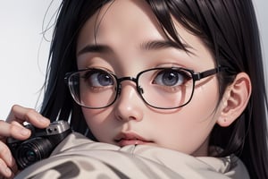 chinese girl, eyeglasses,  zoom on face, camera side face
