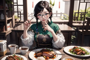chinese girl, good looking with glasses, chinese outfit, sloppy eat pork chop, background chinese market, splashing plate of chinese food,venti (genshin impact)