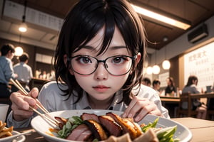 chinese girl, eyeglasses, face only, camera side face,  use chopstick, crispy pork belly in front

