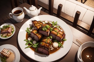 crispy pork belly on plate, plate on tray, food smoke, soy sauce on left side, chop stick on right side, vegetable dan bock choi on background, chinese tea with cup and teapot, camera from top of table
