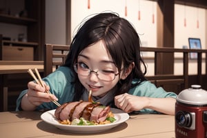 one chinese girl with eyeglasses, eating hot crispy pork with chopstick, face look happy with eyes shut, camera_view only on face
