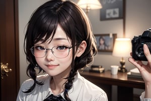 Prompt: chinese girl, eyeglasses, face only, camera side face, smile, close eyes
