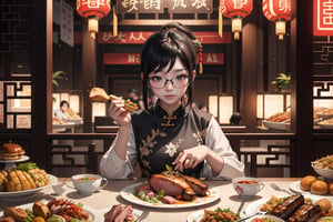 Prompt: chinese girl, good looking with glasses, chinese outfit, halding aplate of food, sloppy eat pork chop, background chinese market, splashing plate of chinese food
