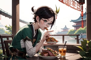 chinese girl, good looking with glasses, chinese outfit side angle camera , sloppy eat pork chop, background chinese market, splashing plate of chinese food,venti (genshin impact)